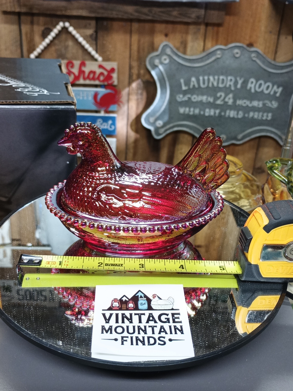 Small Red Carnival Glass Iridescent Hen On Nest
